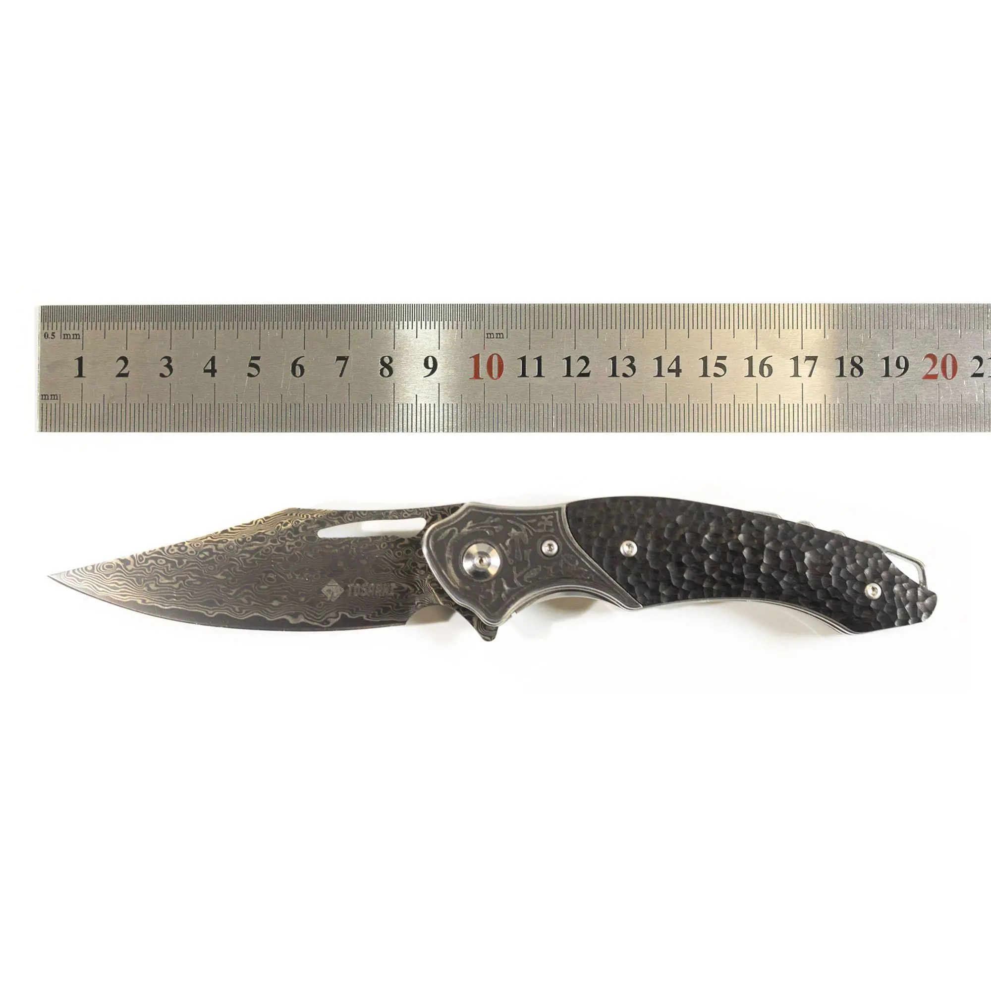 TOSAHWI Handmade Damascus Steel Folding Knife with Textured Purple Ebony Handle - Image 13