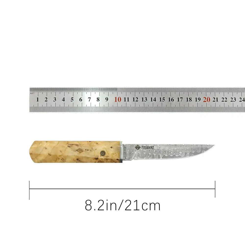 Tosahwi Figured Sycamore Handle Damascus Steel Tanto Knife - Image 4