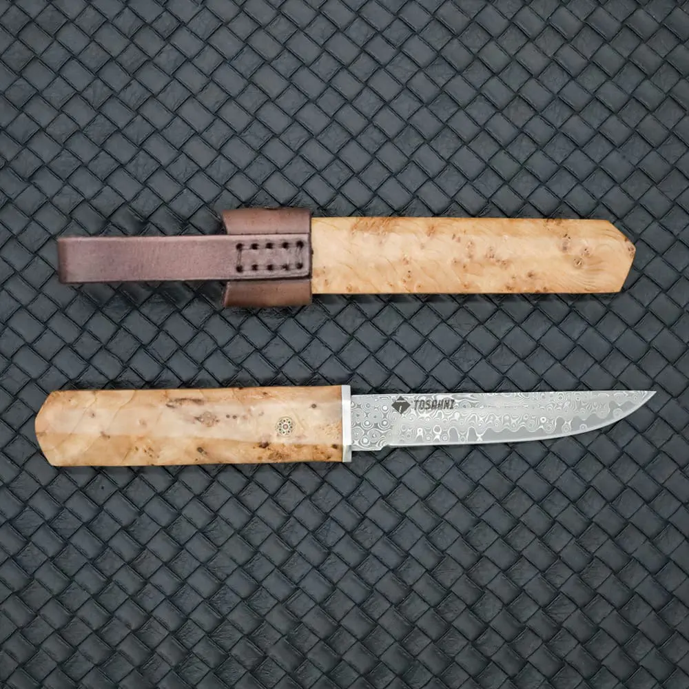 Tosahwi Figured Sycamore Handle Damascus Steel Tanto Knife - Image 5