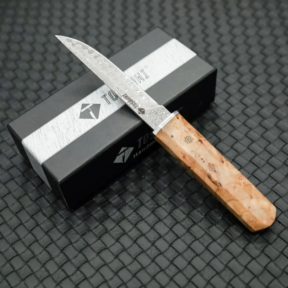 Tosahwi Figured Sycamore Handle Damascus Steel Tanto Knife - Image 6