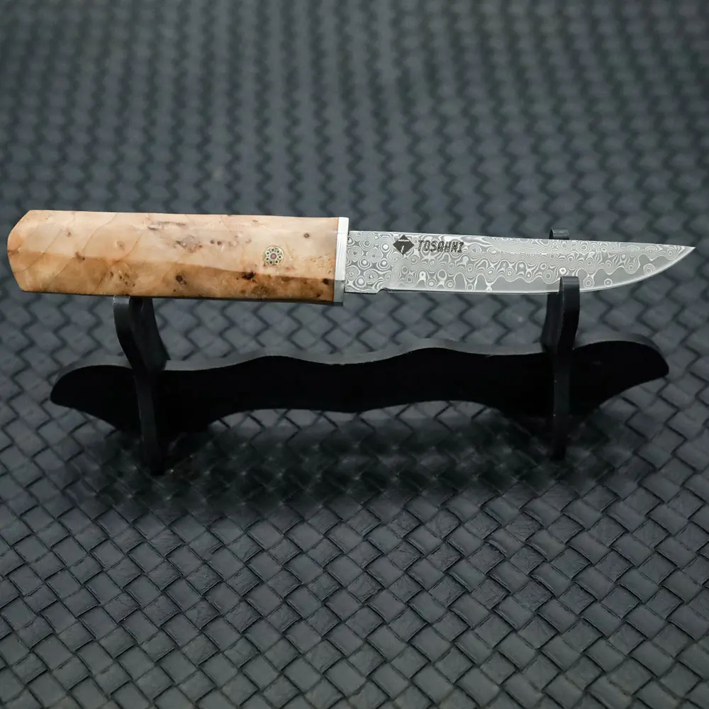 Tosahwi Figured Sycamore Handle Damascus Steel Tanto Knife - Image 3
