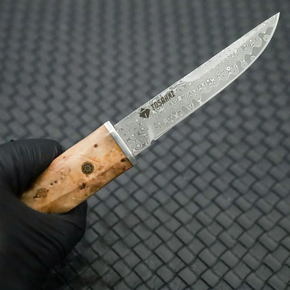 Tosahwi Figured Sycamore Handle Damascus Steel Tanto Knife - Image 9