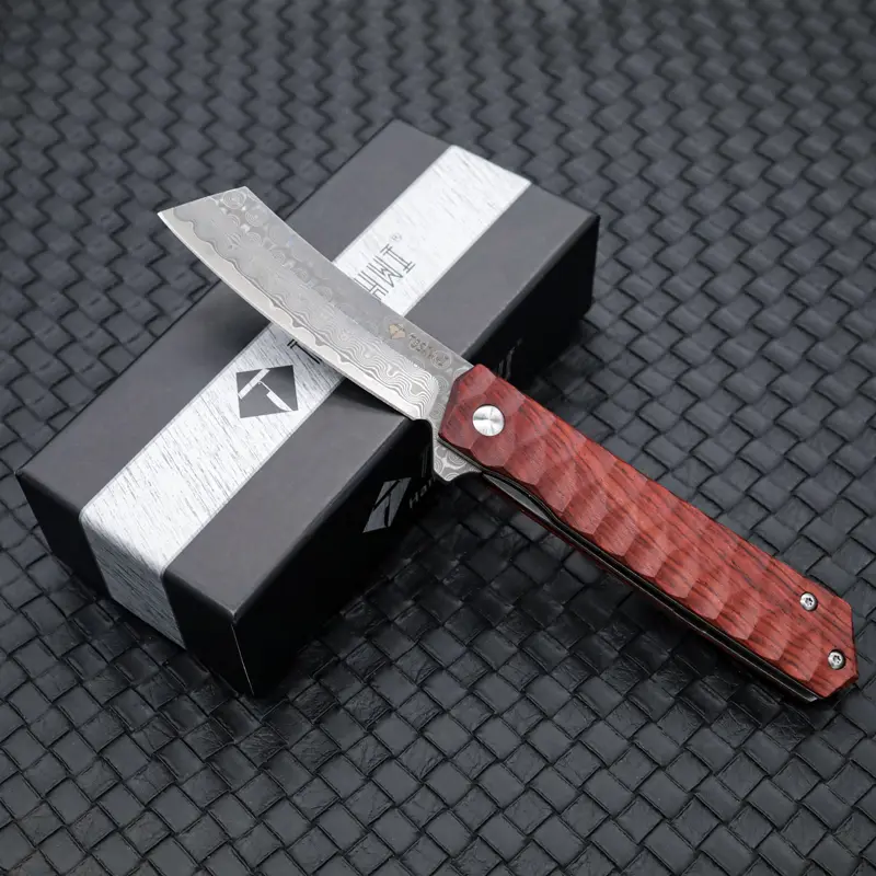 Tosahwi Damascus Steel Cleaver Blade Pocket Knife With Rosewood Handle - Image 7