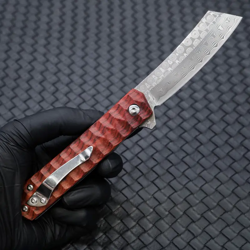 Tosahwi Damascus Steel Cleaver Blade Pocket Knife With Rosewood Handle - Image 9