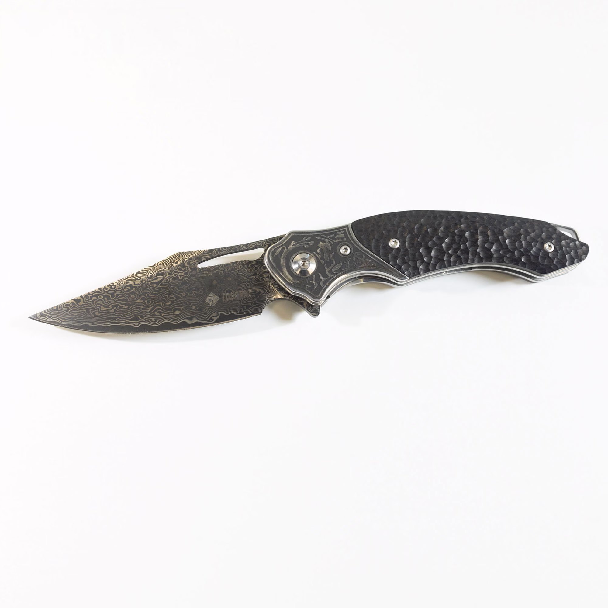 TOSAHWI Handmade Damascus Steel Folding Knife with Textured Purple Ebony Handle