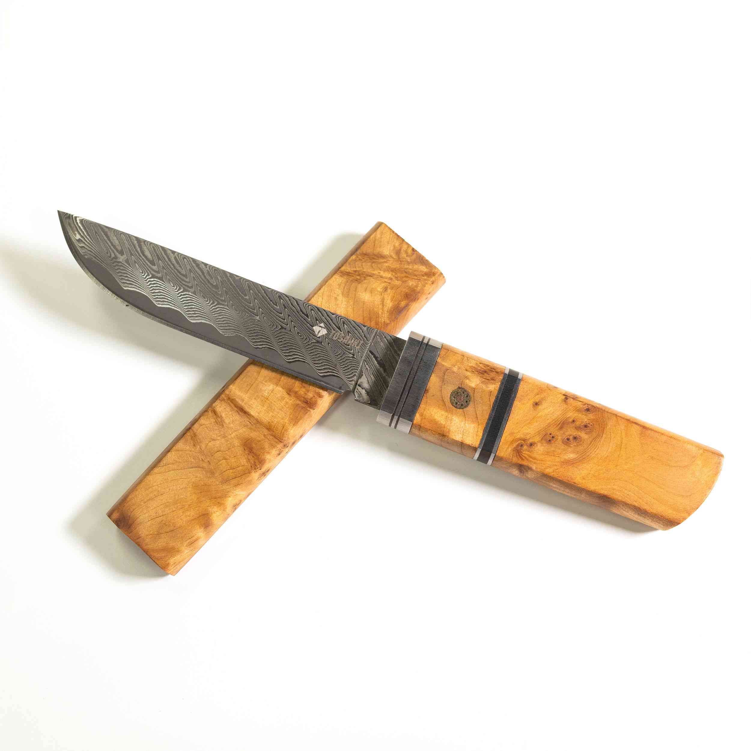 3 TOSAHWI Handmade Damascus Steel Fixed Blade Knife with White Shadow Wood Handle - Image 1