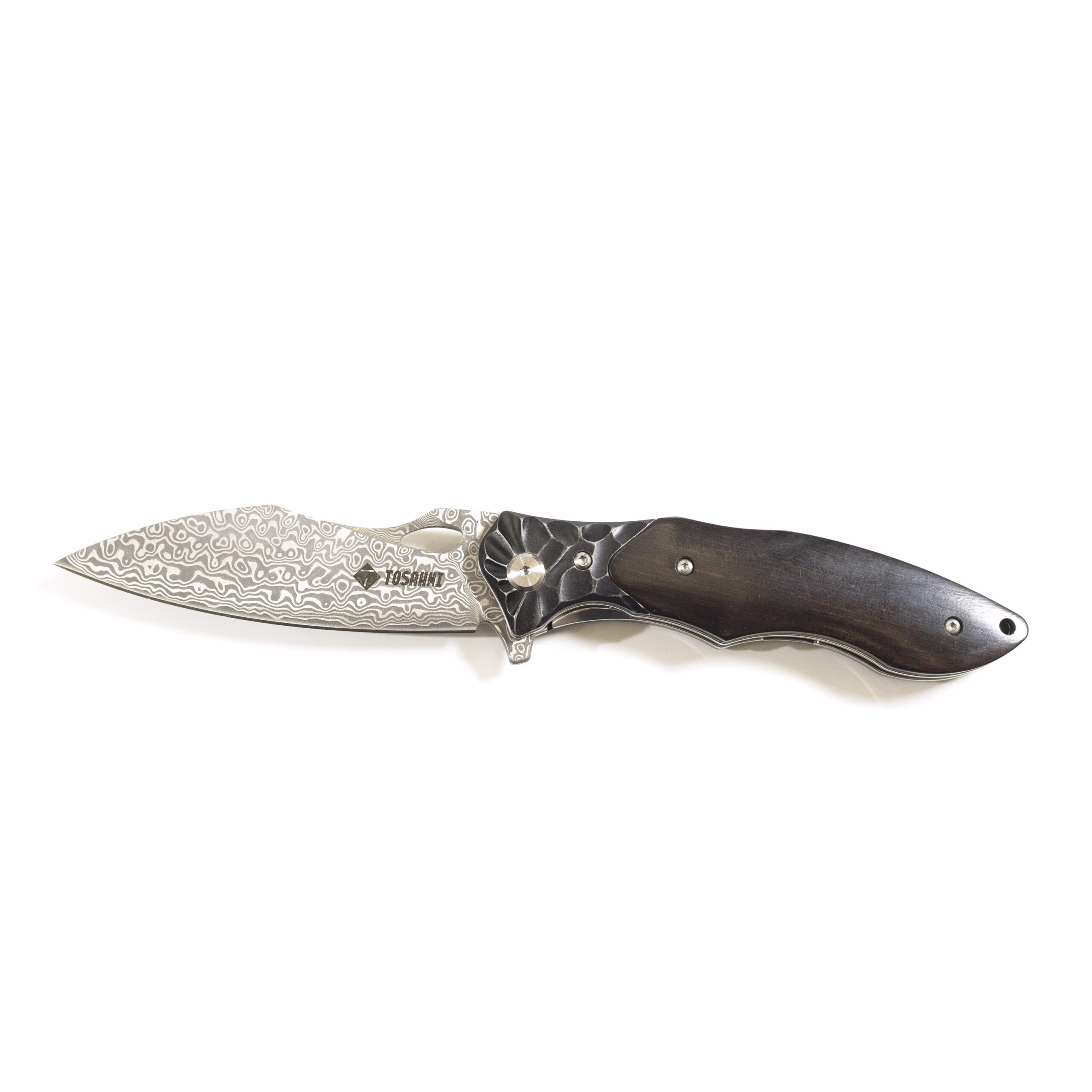 TOSAHWI Handmade Damascus Steel Folding Knife with Purple Ebony Handle