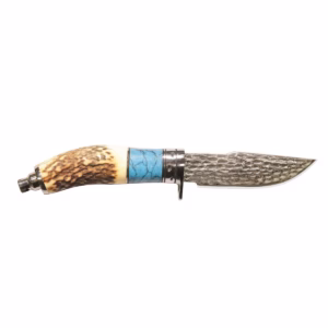 Tosahwi Handmade Damascus Steel Hunting Knife with Antler & Turquoise Handle and Embossed Leather Sheath